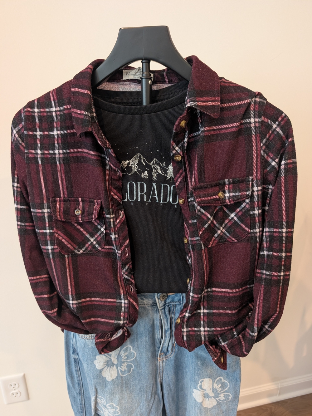 Passport Burgundy Plaid Flannel Button Up Shirt Pockets Girls Size 10